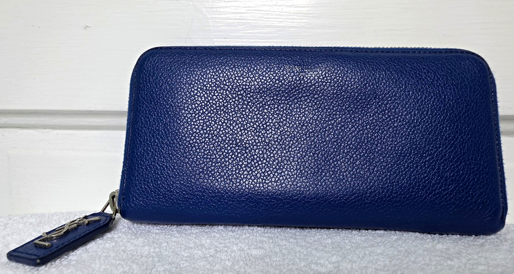 Saint Laurent YSL Women’s Blue Solid Leather Zip-Around Wallet w/ COA